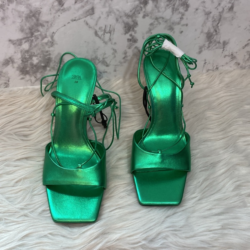 NWOT Zara Metallic Green Lace-up Leather Sandals, Size 7.5 - Picture 6 of 17